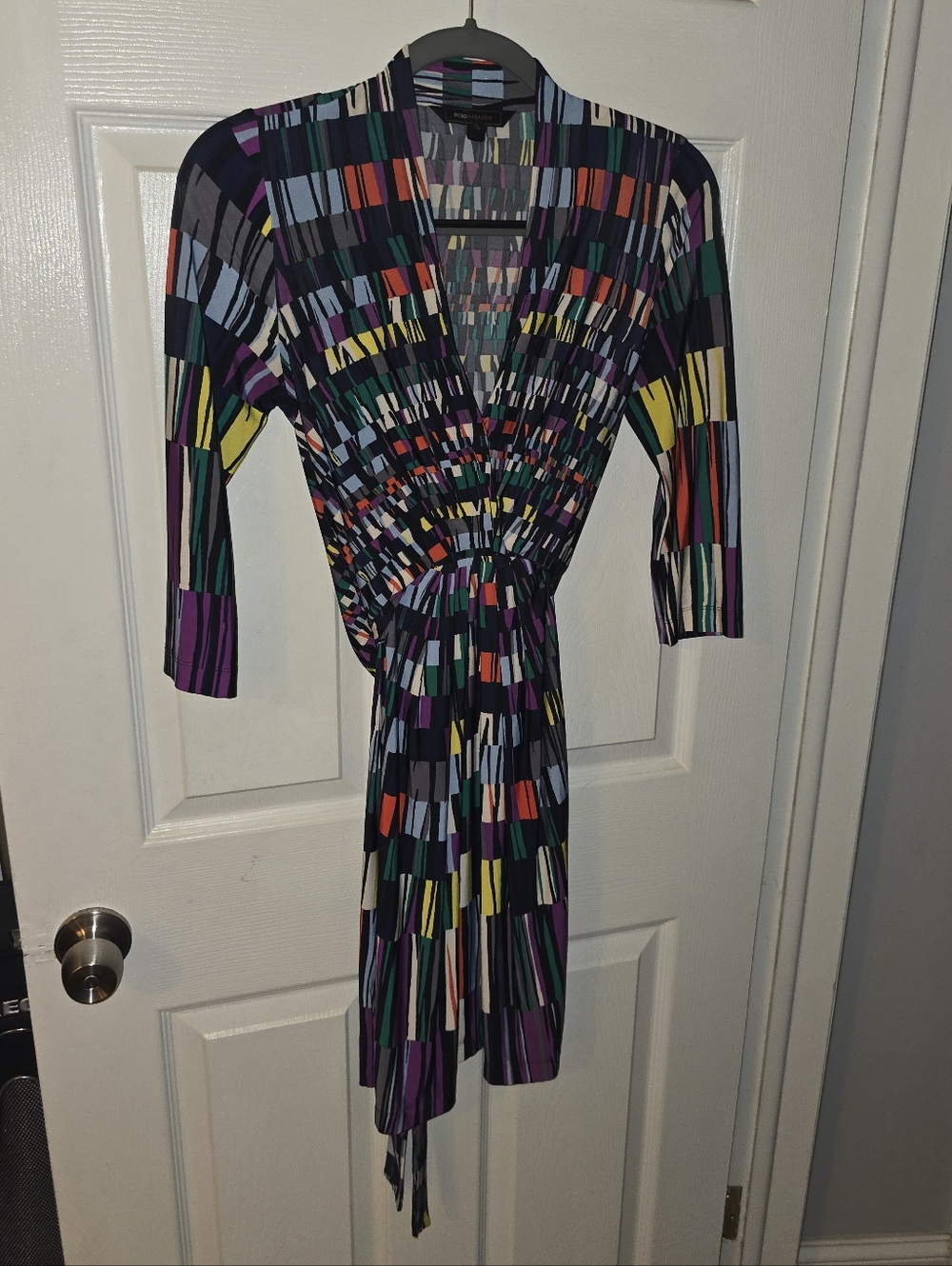 BCBGMAXAZRIA Multicolor Geometric Long Sleeve Wrap Dress XXS